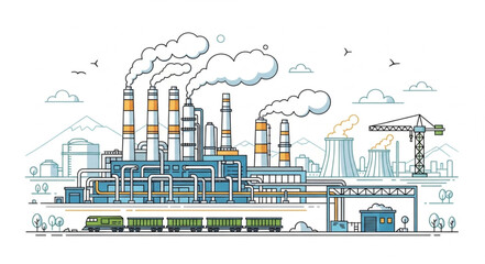 Obraz premium Industrial factory complex with smoking chimneys and trains.