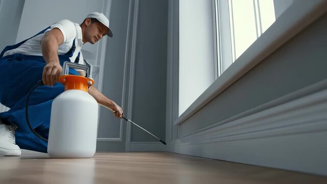 Footage of a pest control worker using a spray applicator to coat baseboards and entry points inside a home preventing ants from invading interior spaces.