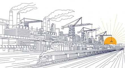 Fototapeta premium Industrial factory complex with smoking chimneys and sunrise.