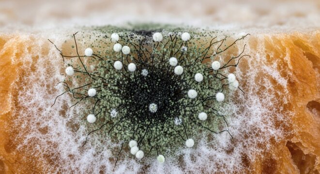 High-resolution macro photograph showing the detailed structure of bread mold fungi, including visible spores and hyphae texture