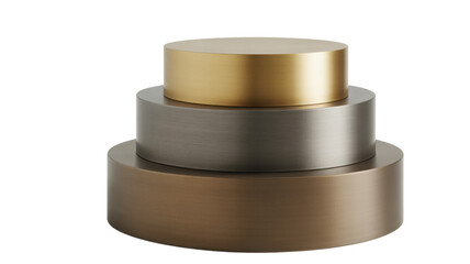 Stacked metallic cylinders in gold, silver, and bronze isolated on a transparent background