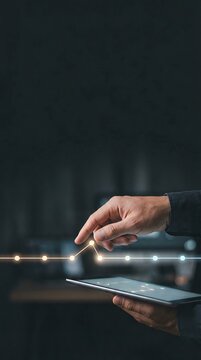 AI audit trail timeline visualization with nodes and lines, hand hovering near tablet