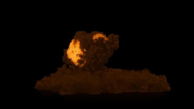 Massive fiery explosion with intense flames and smoke against a dark background.