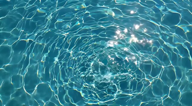 Vibrant blue water surface in a swimming pool shimmering with bright sun reflections, creating an abstract pattern of light and ripples, perfect for a refreshing summer theme
