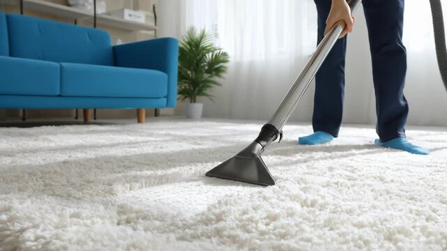 Medium angle of a professional using special equipment to deepclean a synthetic rug reviving its bright hues and soft pile in a spotless environment.