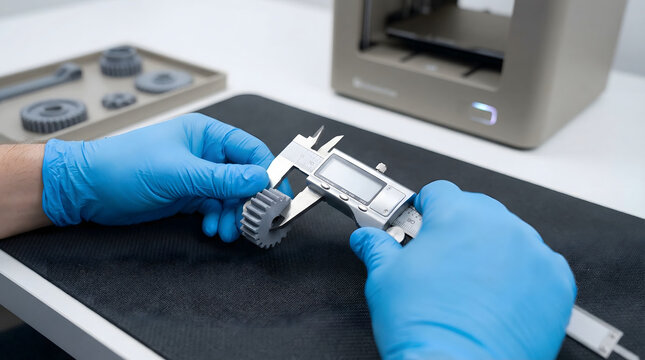 professional technician in blue nitrile gloves using digital vernier calipers to measure a 3d printed plastic gear part for quality control and precision engineering testing
