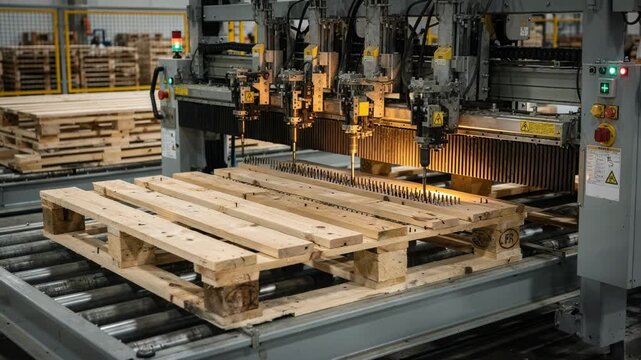 Highspeed automated pallet nailing equipment assembling fourway pallets showcasing synchronized board placement and efficient firing of nails for durable construction.