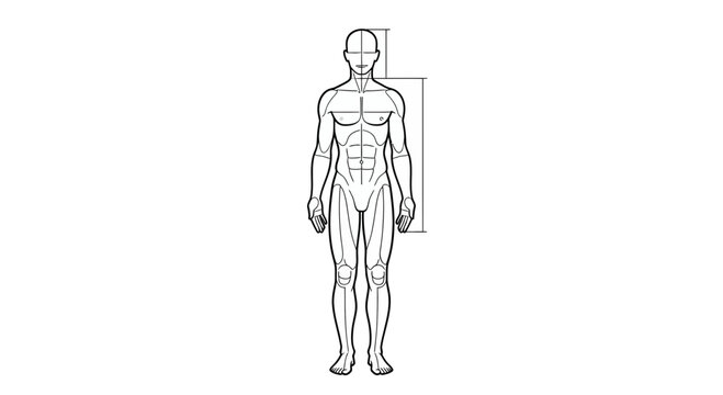 Anatomical human body measurement diagram, male figure with height and width indicators