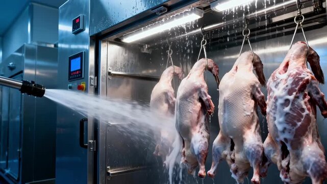 Detailed medium frame capturing highpressure water streams inside spray cabinets as carcasses undergo hygienic washing prior to refrigeration in a modern facility.
