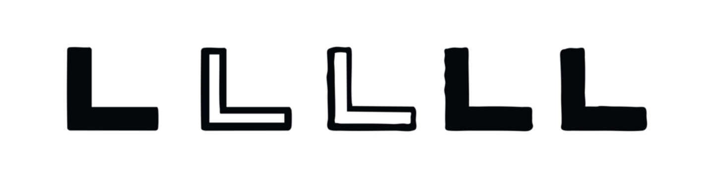 Collection of Hand-Drawn L-Shape Vector Icons with Rough Edges, Doodle Letter L Symbols Set