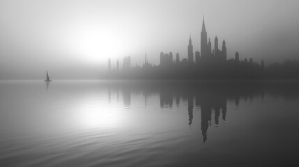 Foggy city skyline reflected in calm water. Sunrise, tranquil scene.