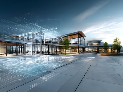 A modern architectural design of a luxurious house is overlaid with blue wireframe blueprints revealing its complex structural details.