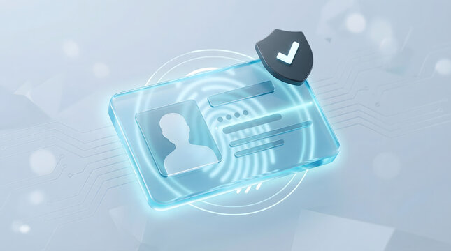 secure digital id card and biometric authentication concept with glowing glass identity document featuring fingerprint scan and shield icon for personal data privacy and security