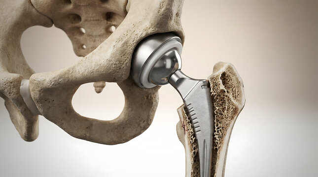 human hip replacement surgery 3d medical illustration showing metallic prosthetic joint implant in femur bone and pelvis for orthopedic healthcare treatment and osteopathy science