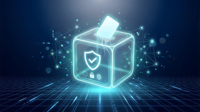secure digital voting system with glowing ballot box and shield icon representing electronic democracy cyber security online election integrity and protected voting technology