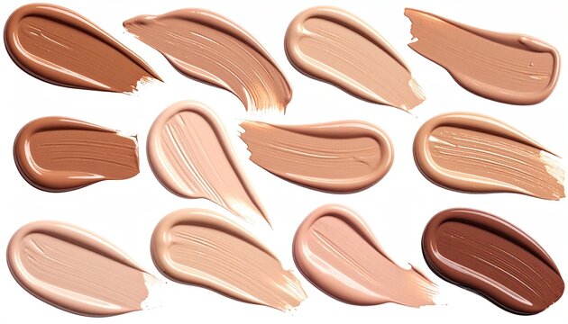 Foundation swatches variety of skin tones, glossy smears