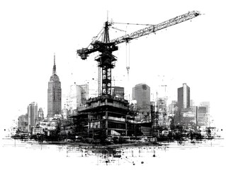 Fototapeta premium A towe crane dominates a construction site amid a stylized cityscape with high rise buildings in a black and white artistic rende.