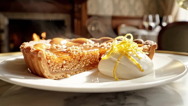 Slice of warm caramel nut tart served with whipped cream and lemon zest on a white plate in a cozy restaurant. Delicious gourmet dessert footage and elegant hospitality concept background.