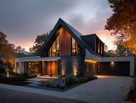 A modern architectural home at dusk features a peaked roof, stone accents, and ambient lighting showcasing luxury real estate design.
