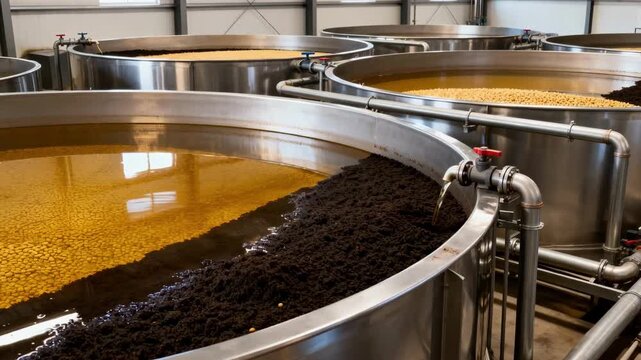Medium shot of large steel soybean oil settling tanks indoors with bright industrial lighting highlighting clear separation of oil and sediment layers.