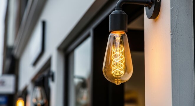 Close-up of a vintage Edison bulb with glowing filament, showcasing its intricate design and warm illumination against a blurred background
