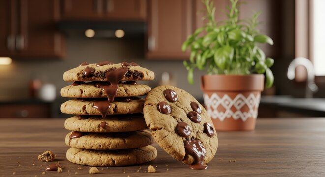 Delicious chocolate chip cookies stacked high on a wooden table, with melted chocolate dripping and a potted plant in the background, perfect for baking and dessert content