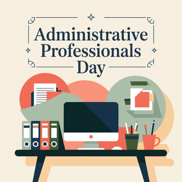 Administrative Professionals Day desk with computer and binders, monitor, keyboard