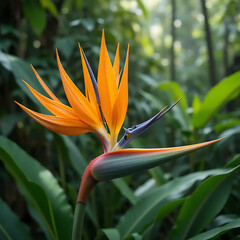 A vibrant bird of paradise flower blooms in a lush tropical forest