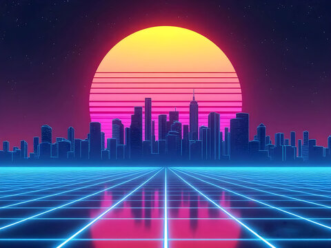 Neon grid floor leading to a retro cityscape under a striped sun image photo