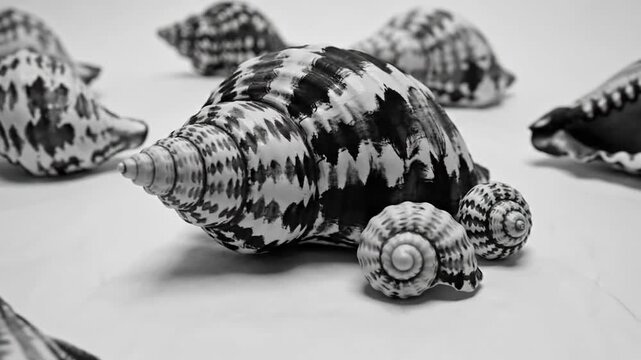Monochrome collection of various seashells on a clean white background