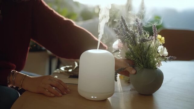 Footage of a person selecting floral scent settings on a digital diffuser creating a calming atmosphere in a clean workspace with natural light and minimal decor.