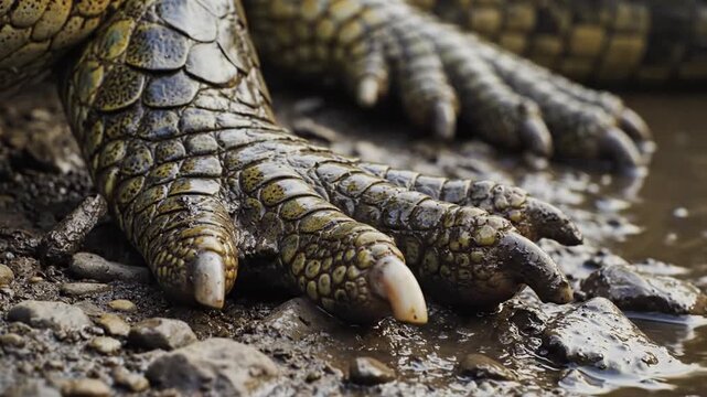 Crocodile foot with sharp claws on muddy river bank