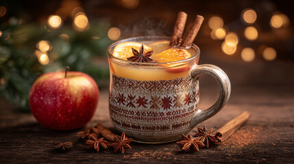 Fototapeta premium Festive spiced apple cider steaming on wooden table with warm holiday lights