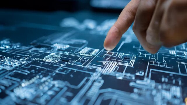 Medium shot of electronic circuit board designs with a hand pointing to complex chip layouts representing advanced technology inventions