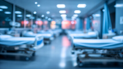 Obraz premium Empty hospital ward with rows of beds under fluorescent lighting