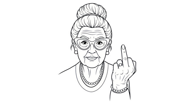 Elderly Woman Gesturing Middle Finger, Expressing Disrespect or Defiance