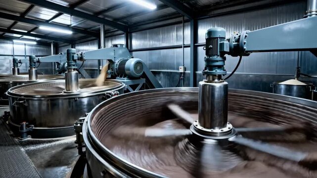 Medium shot of spinning basket centrifuges in a sugar separation room with motion blur capturing dynamic energy and industrial speed.