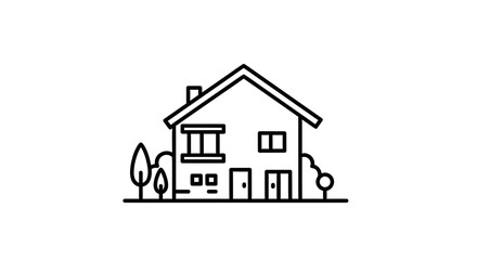 Minimalist House Icon: Simple Line Art of a Modern Home with Trees