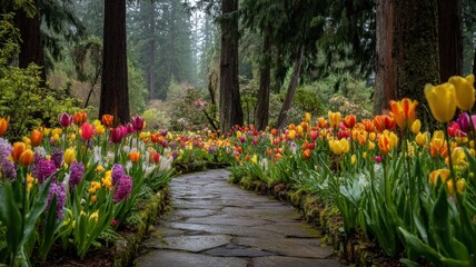 Naklejka premium Vibrant Tulip Garden Path: A Serene Stone Walkway Through a Colorful Floral Display in Lush Forest