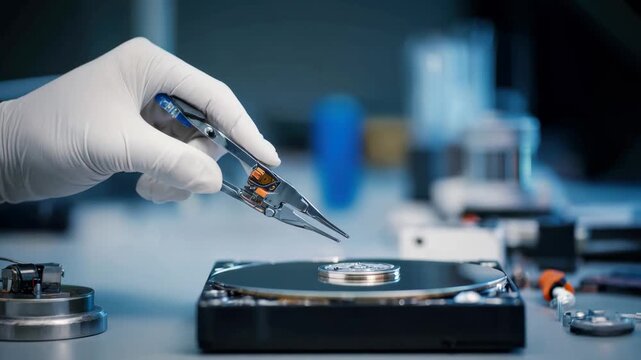 Medium shot of a technician carefully recovering lost data from a malfunctioning hard drive in a hightech repair lab