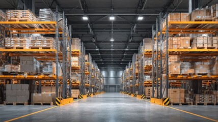 Warehouse Interior with Rows of Shelves, Boxes, and Pallets - Logistics and Distribution
