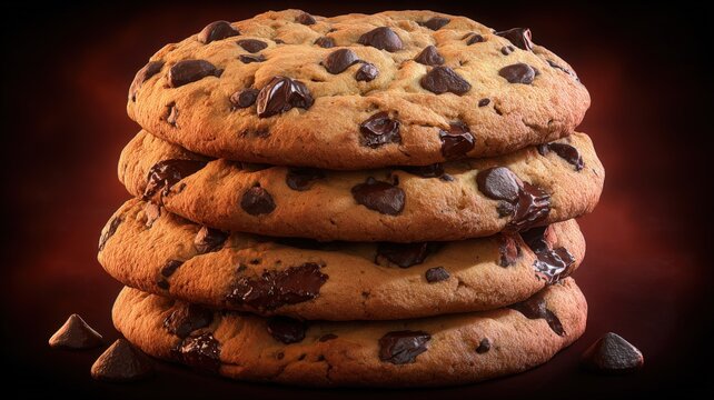 Delicious Stack of Chocolate Chip Cookies Freshly Baked and Displayed on a Dark Background