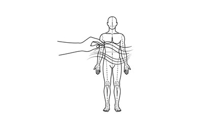 Hand measuring chest circumference on a human body outline, medical or fitness concept