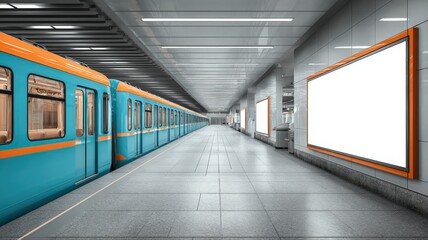 Fototapeta premium Subway Station Platform with Blank Advertisement Billboards and Approaching Train for Mockup Advertising