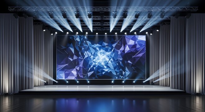 Contemporary performance stage illuminated by vibrant spotlights and a grand LED screen displaying an abstract digital design, poised for an immersive live event or presentation