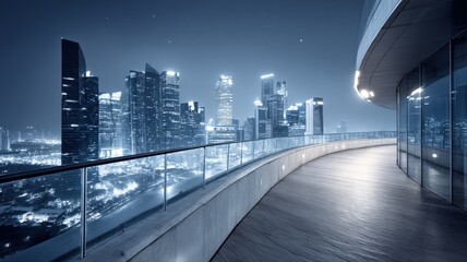 Fototapeta premium Modern Cityscape View at Night from High-Rise Balcony with Illuminated Skyline and Contemporary Architecture
