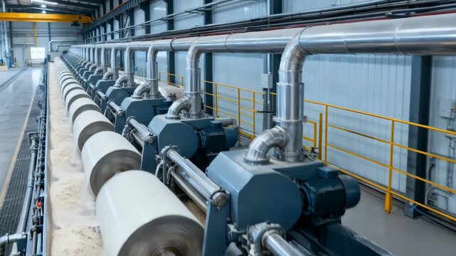 Multiple parallel decanter centrifuge lines depicted from a medium angle demonstrating largescale separation of starch and gluten with synchronized industrial operation.