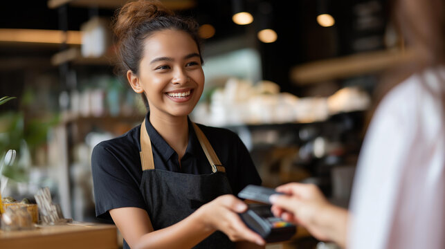 Faceless friendly barista smiling and accepting a credit card payment from a customer at a cafe counter, defocused interior background, retail cafe concept, beverage purchase,