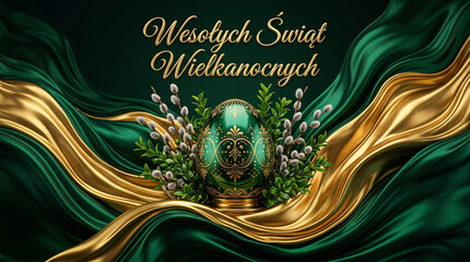 Ilustracja przedstawiająca pisanki, bukszpan i bazie. Napis na ilustracji "Wesołych Świąt Wielkanocnych" podkreśla świąteczną symbolikę świąt Wielkanocnych. © tomo81