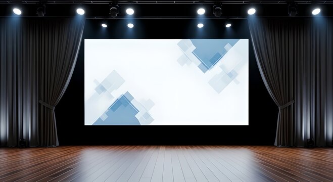 Large empty stage with a white projection screen displaying abstract blue geometric shapes, framed by dark curtains and spotlights. Ready for presentations, conferences, or virtual events